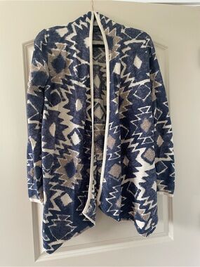 Lucky Brand Navy, Cream & Brown Geometric Open-Front Cardigan